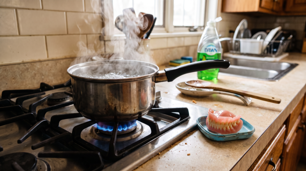 Pot of water boiling on a stove to soften a boil-and-bite denture at home