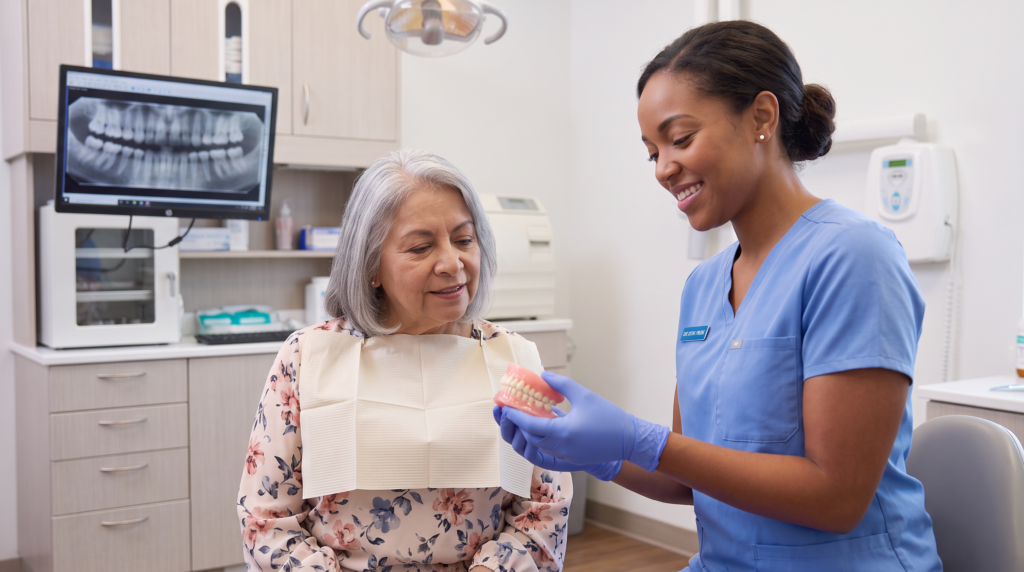 Denturist showing a finished denture to a patient in a dental clinic