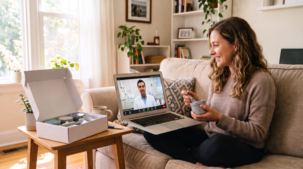 Woman at home on a video consultation with an online dentist, at-home impression kit beside her