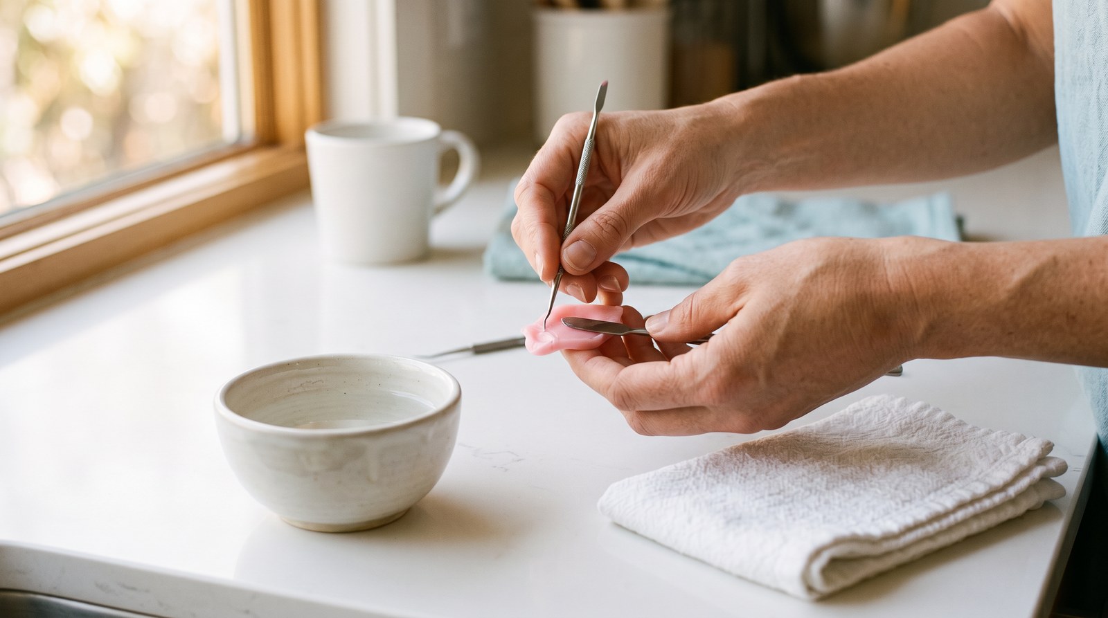 Hands shaping dental wax at home — a common DIY flipper attempt